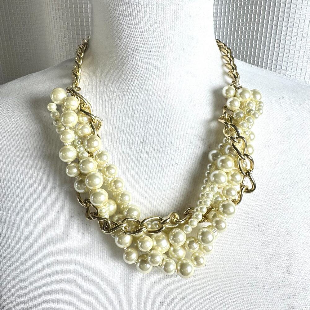 Multi Strand Faux Pearl Necklace Twisted Bib Gold Tone Curb Chain Torsade EUC